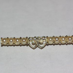 Vintage Sarah Coventry Bar Brooch Pin Heart Faux Pearls Rhinestone  #25